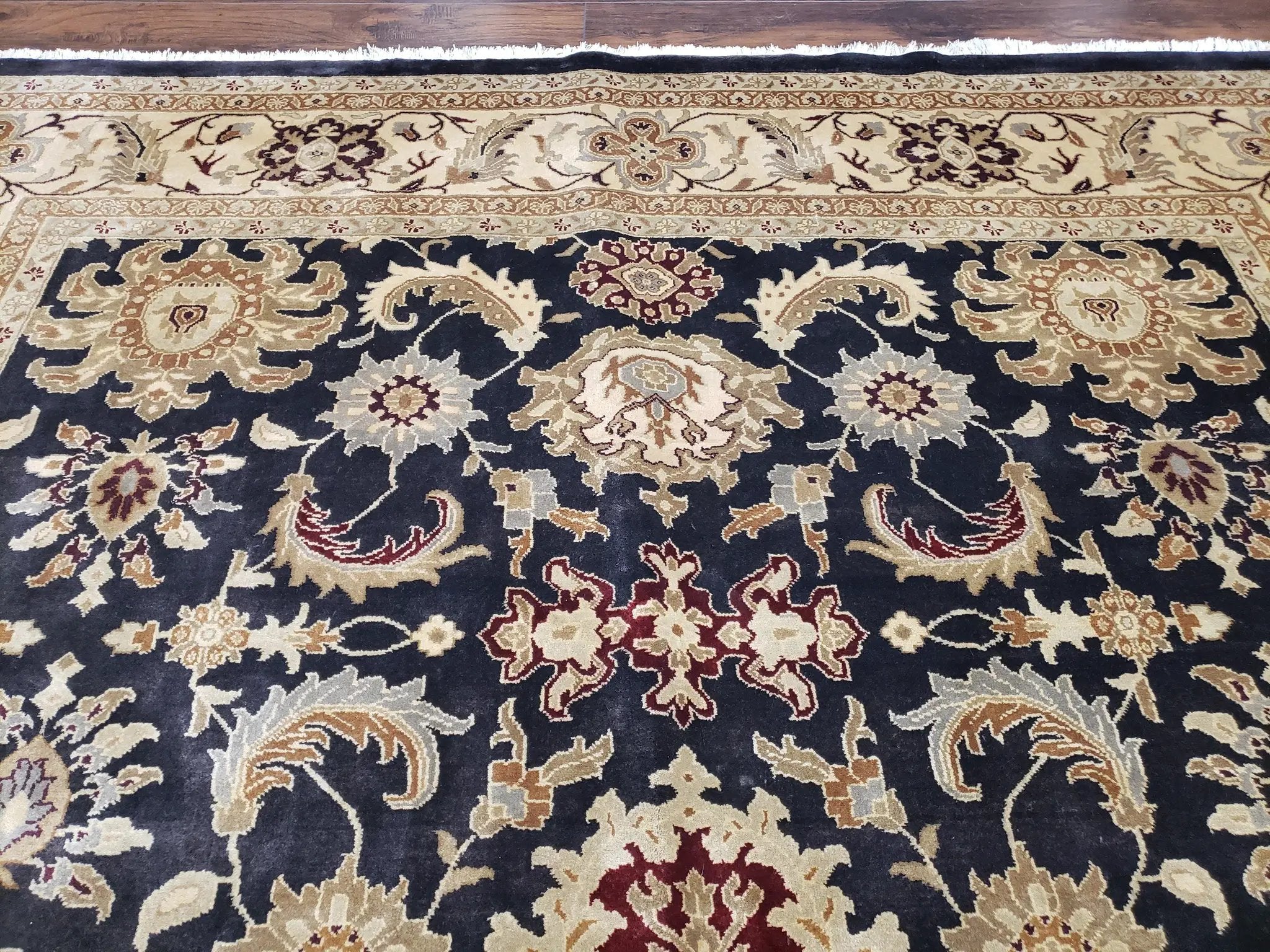 Indo Mahal Rug 8x12, Indian Sultanabad Handmade Area Rug, Vintage Hand-Knotted Wool Black Floral Traditional Oriental Dinning Room Rug by Jewel Rugs