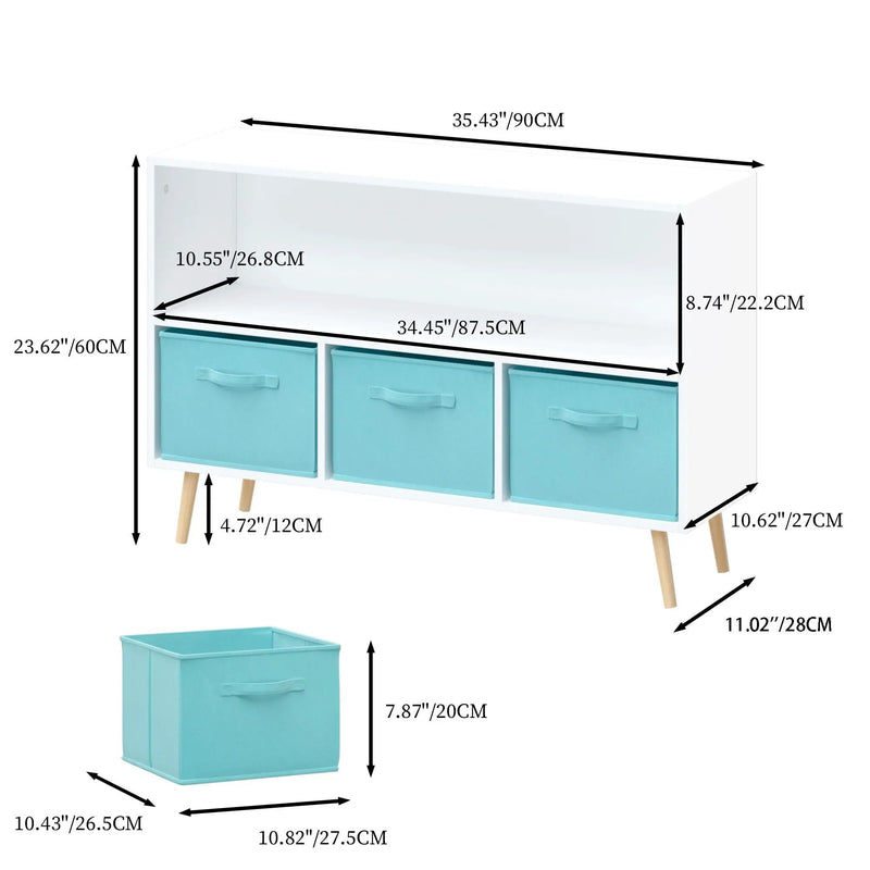 Bookcase With Collapsible Drawers, Book Display Storage Cabinet Organizer - White / Blue by Unique Piece Furniture
