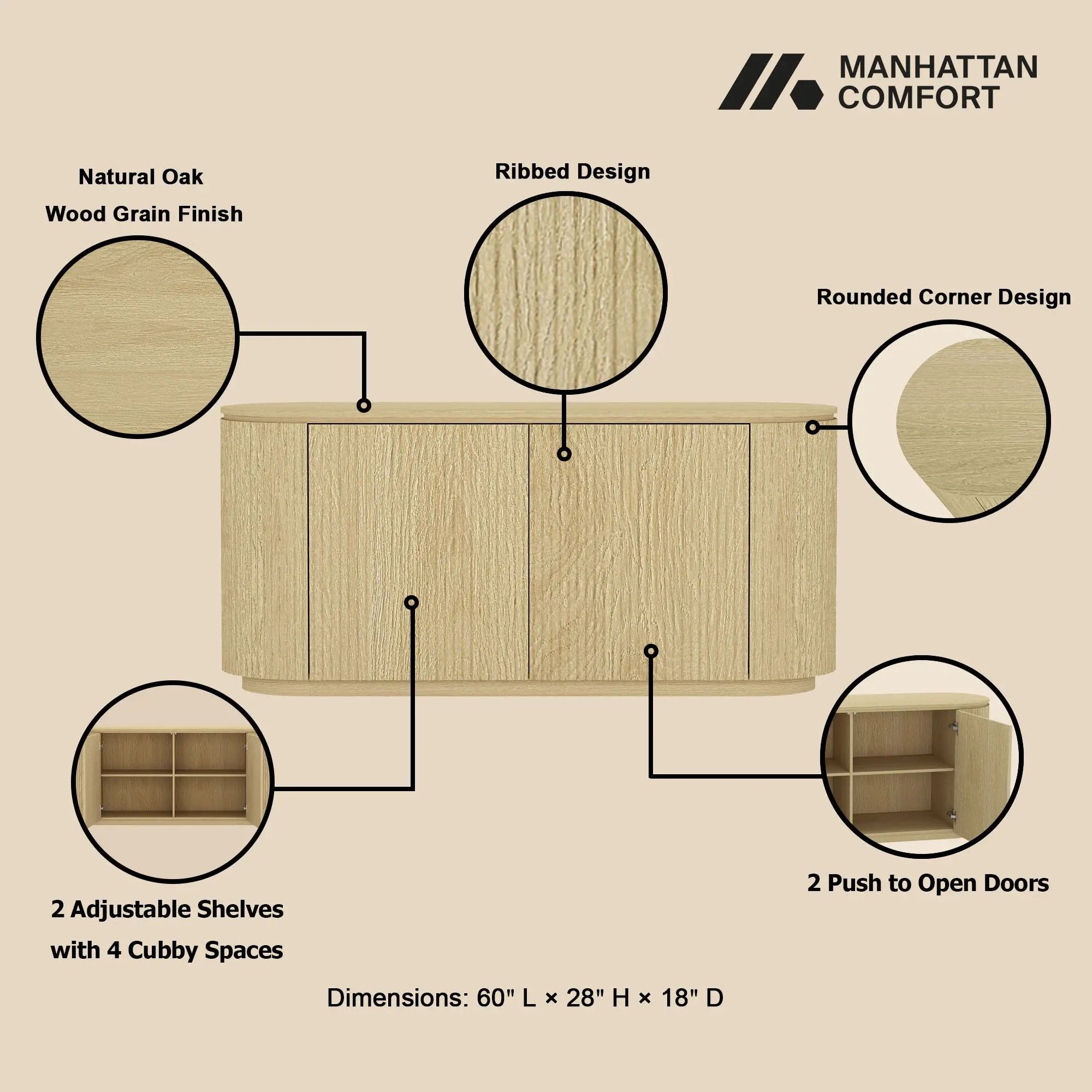 Olivia - Sideboard With 4 Adjustable Shelves With Handle Free Doors And Rounded Edges - Oak by HouseOfZazla