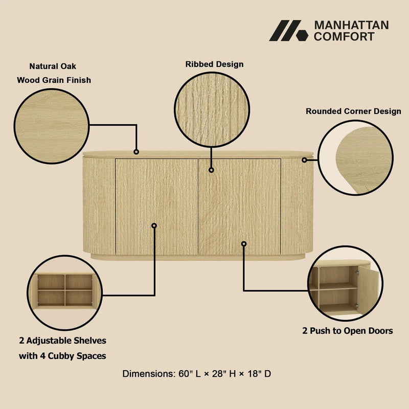 Olivia - Sideboard With 4 Adjustable Shelves With Handle Free Doors And Rounded Edges - Oak by HouseOfZazla