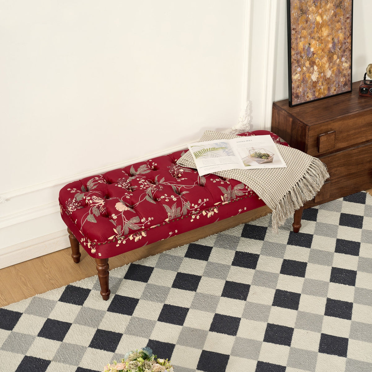 Floral Tufted Sofa Chair with Solid Wood Legs - Wine Red, Green, or Tiffany Blue, photo 9 of 10