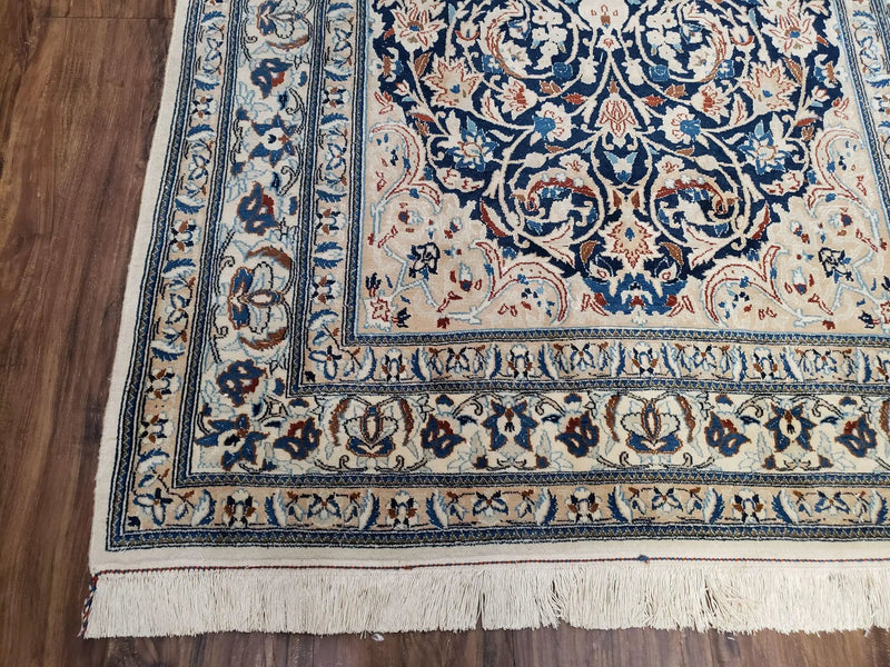 Persian Nain Rug 4x6, Ivory and Blue, Hand-Knotted, Wool & Silk by Jewel Rugs