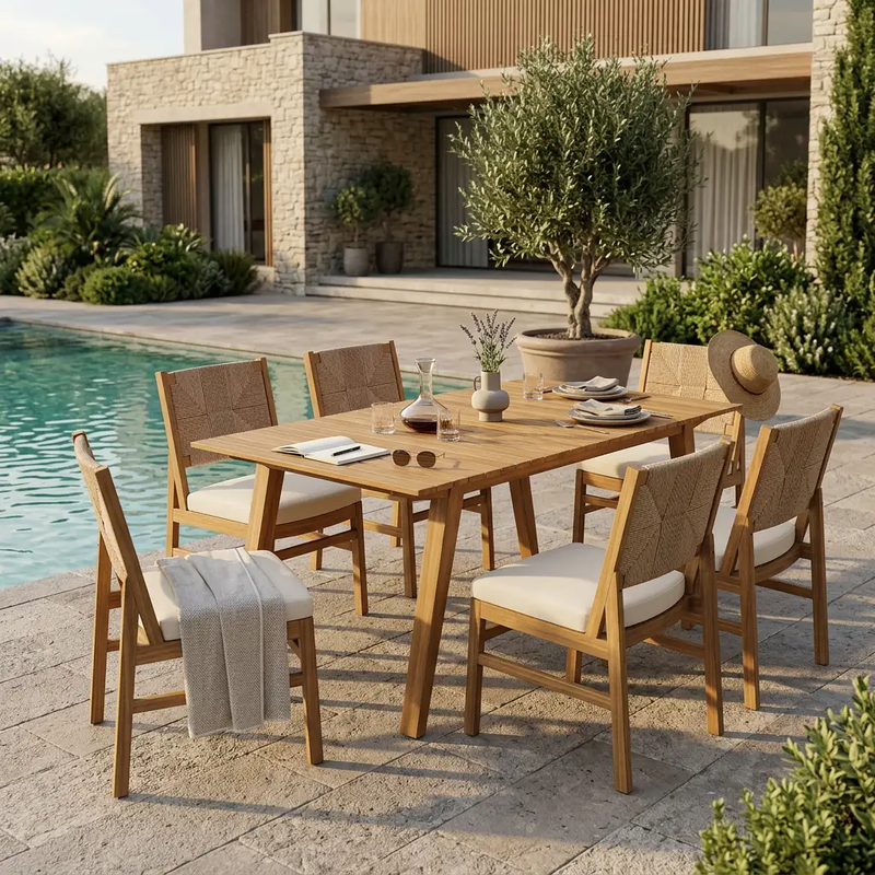 Outdoor 7 Pieces Acacia Wood Dining Set with Taiga 69 Table and Teak Finish by HouseOfZazla