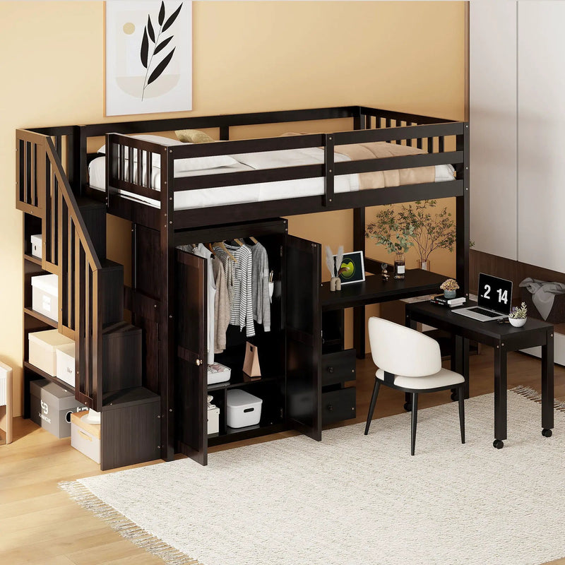 Loft Bed With Stairs, Bookshelf, Drawers, Desk & Wardrobe, Space Saving Multifunctional Furniture by HouseOfZazla
