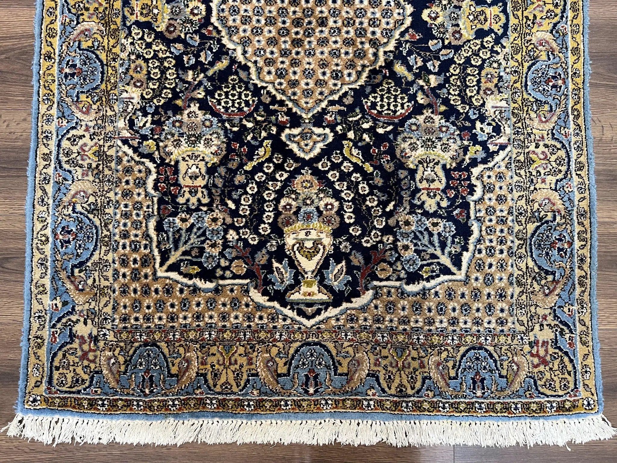 Fine Persian Qum Rug 3x5, Semi Antique Vintage Oriental Ghom Carpet, Floral Medallion, Highly Detailed, Hand Knotted, Navy Blue, Wool Area Rug, Birds by Jewel Rugs