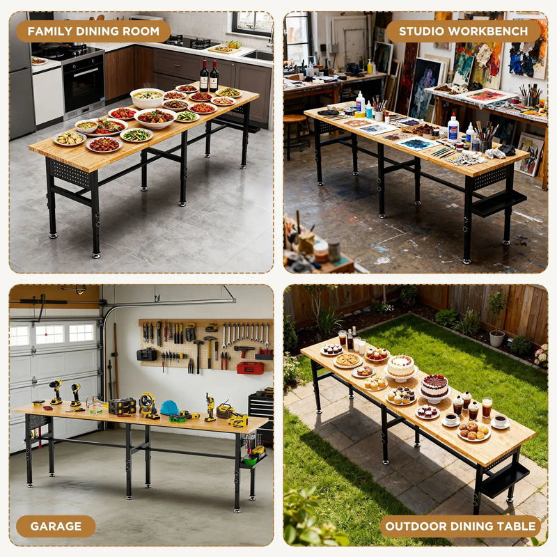 Adjustable Workbench, Side Pegboard, 4 Height Settings, Power Outlet, Storage Box, Wheels Or Leveling Feet - Black by HouseOfZazla