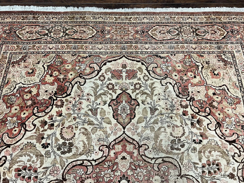 Antique Persian Tabriz Rug 10x12, Wool Hand Knotted Oriental Carpet, Beige Light Red, Floral Medallion by Jewel Rugs