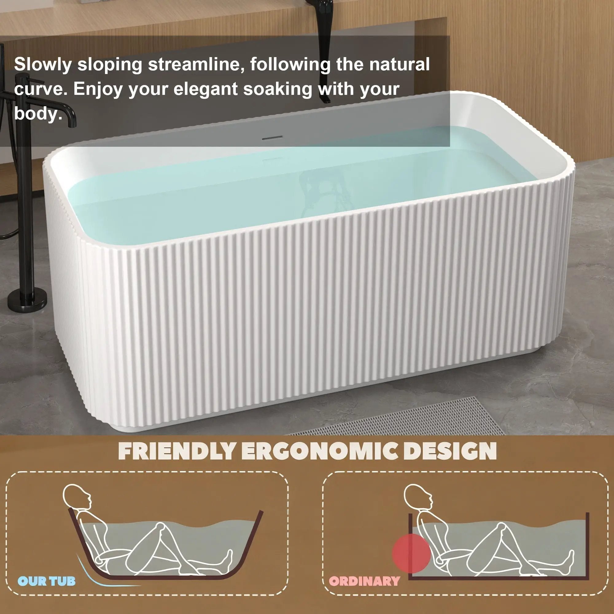 Rectangle Linear Freestanding Soaker Tub With Pop Up Drain, Double Wall Insulated Construction - Gloss White