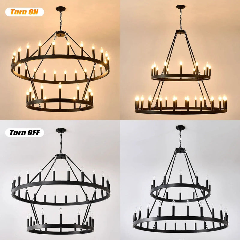 2 Tiers Wagon Wheel Chandelier Wooden Farmhouse 36 Light (24 / 12) Or (12 / 24) Metal Chandeliers 2 Story Light Fixtures Industrial For High Ceiling Living Dining Room Foyer, Adjustable Height - Black by HouseOfZazla