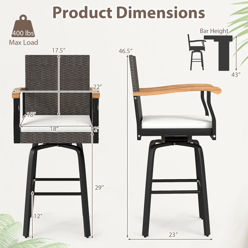 Set of 2 Outdoor 360¬∞ Swivel Bar Stool with Cushion and Acacia Wood Armrests by DirectDeals