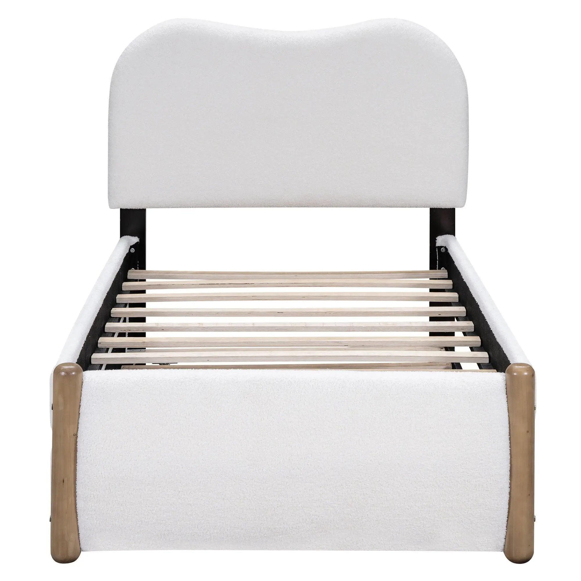 Upholstered Platform Bed With Wood Supporting Feet And Trundle