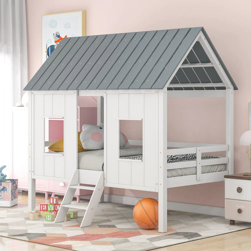 Twin Size Low Loft House Bed With Roof And 2 Front Windows - White by HouseOfZazla