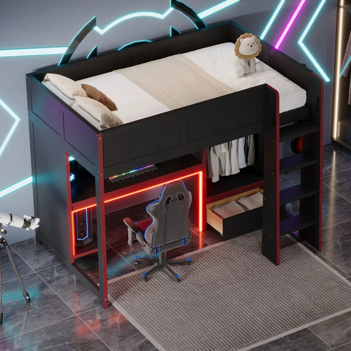Gaming Loft Bed With Built In Desk, Wardrobe, LED Lighting And Drawer by HouseOfZazla