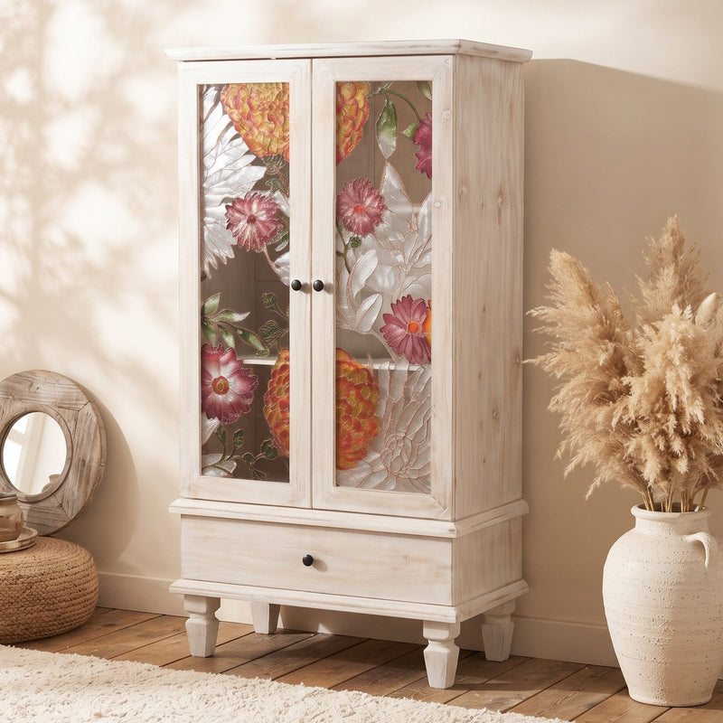 French Country Accent Cabinet with 2 Glass Doors and Drawers - White Antique