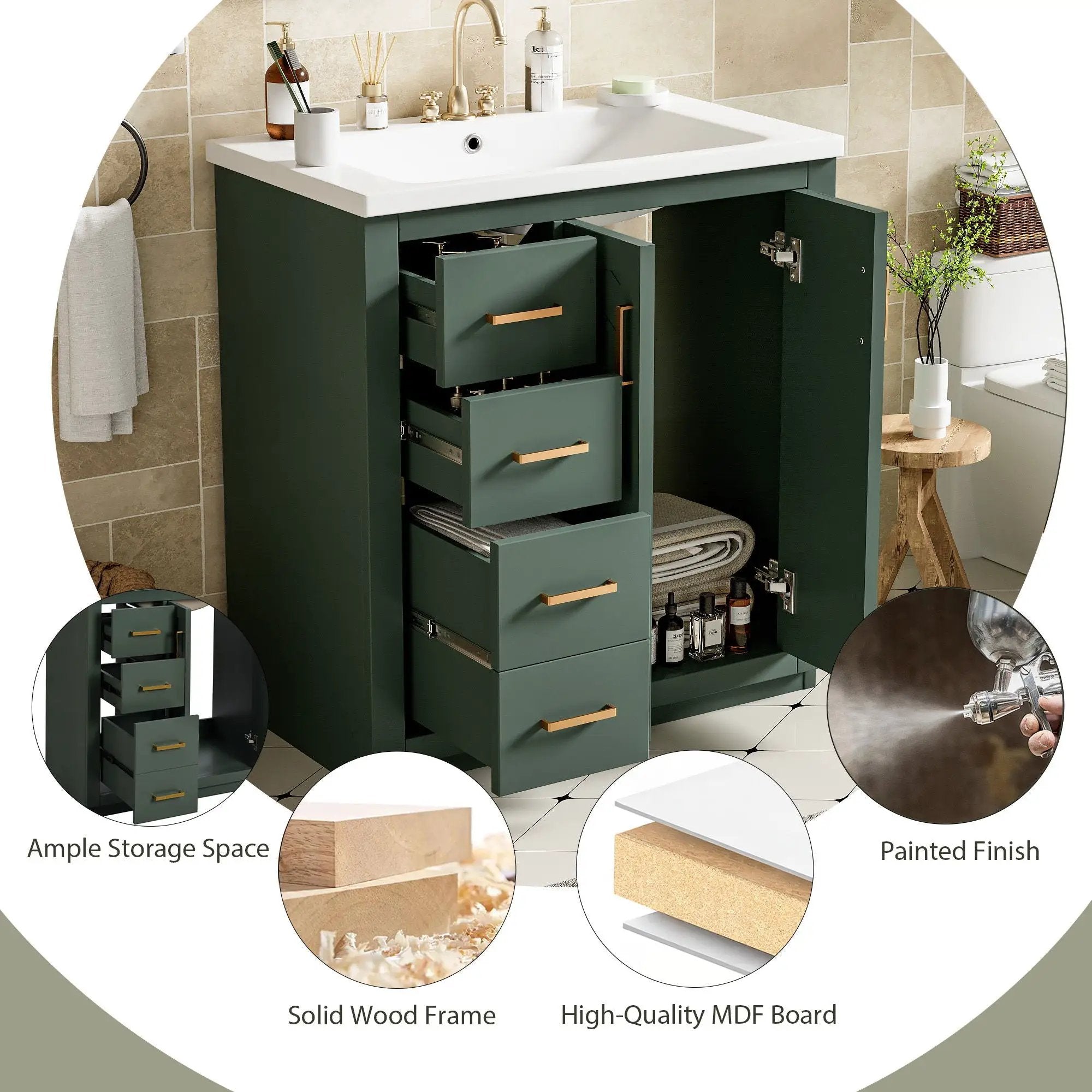 Ceramic Sink Combo, Freestanding Vanity Set With 3 Drawers & Soft Closing Doors