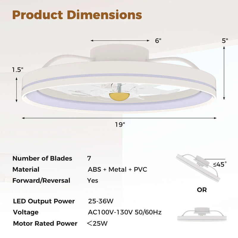 19 Inch Ceiling Fan Low Profile Flush Mount Fan with 3000-6500K Dimmable LED-White by DirectDeals