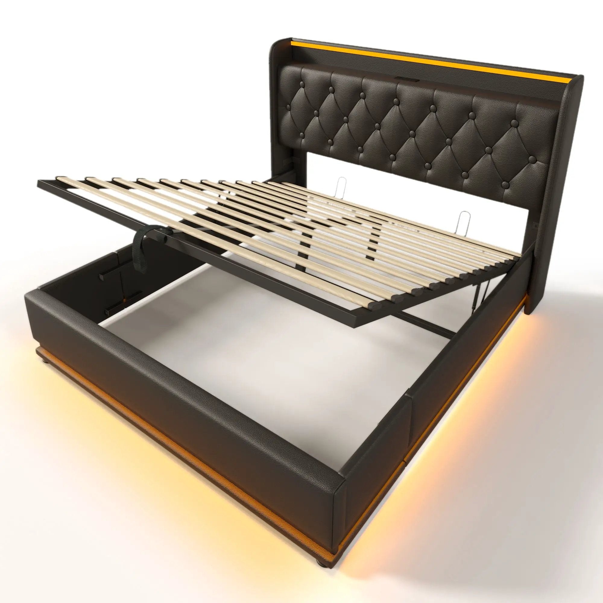 Upholstered Bed, 360 Surround LED Function, Remote Control, Hydraulic Storage Bed With USB, Type-C Charging (Without Mattress) by HouseOfZazla