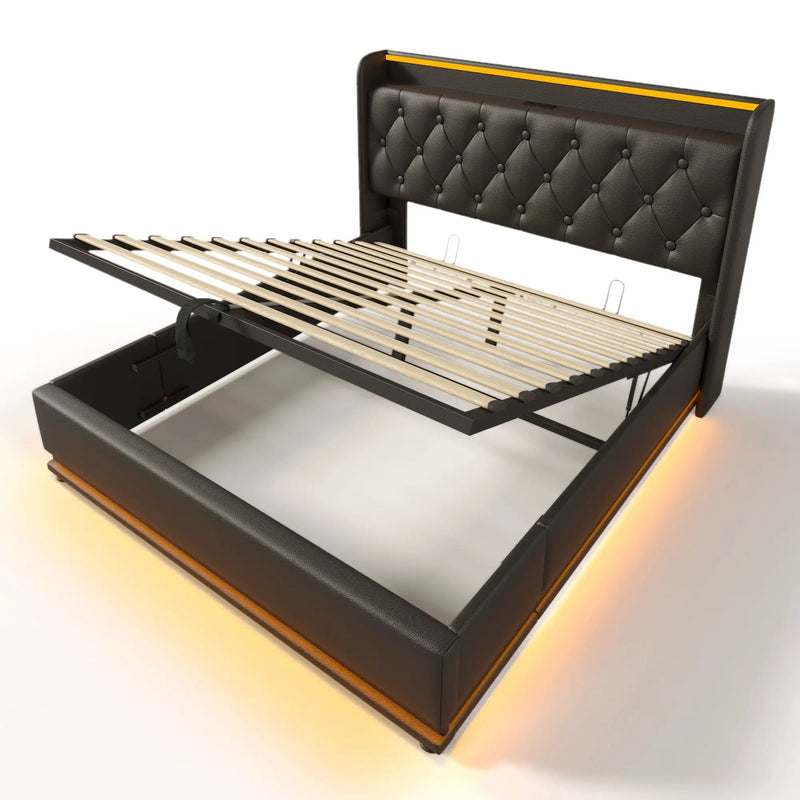 Upholstered Bed, 360 Surround LED Function, Remote Control, Hydraulic Storage Bed With USB, Type-C Charging (Without Mattress) by HouseOfZazla