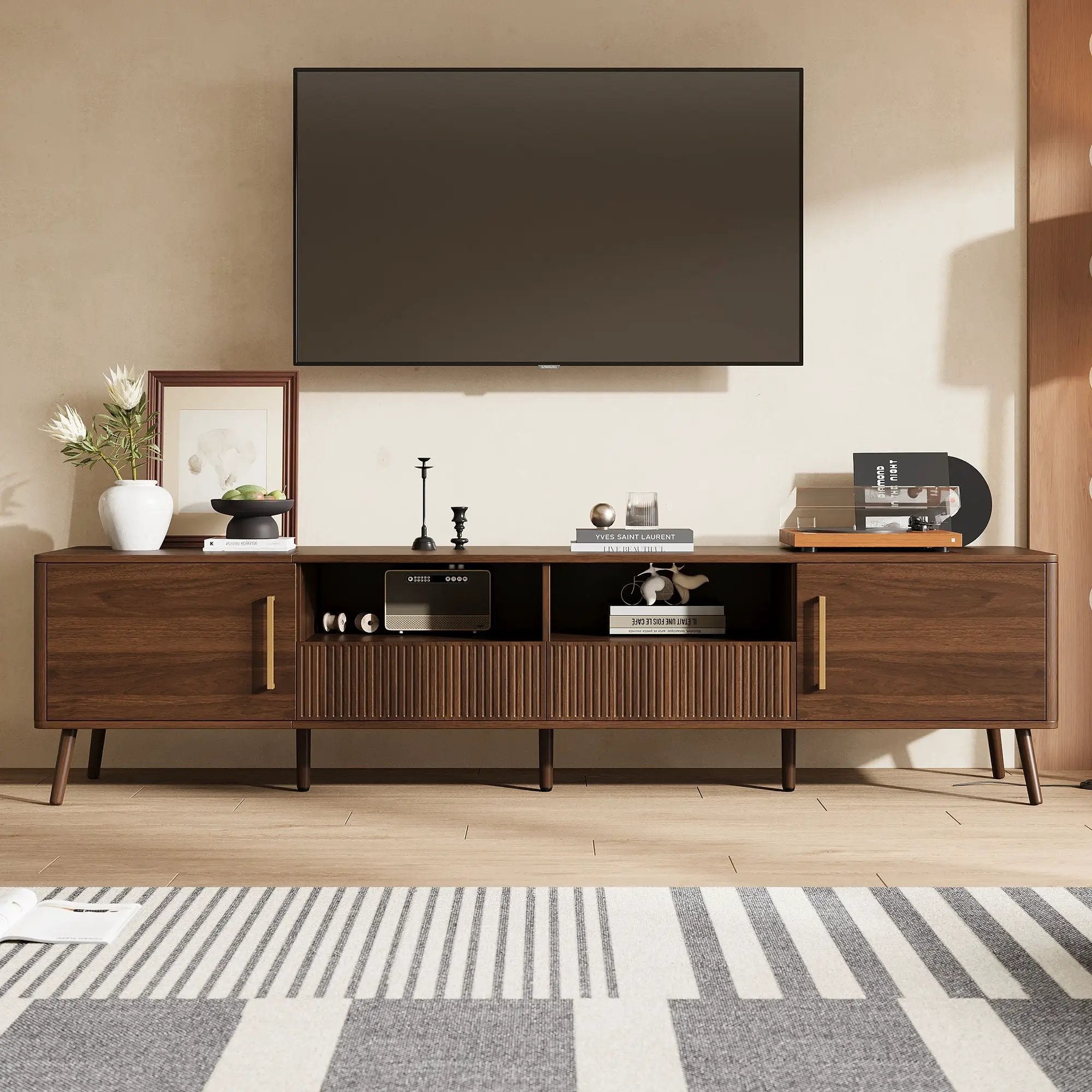 TV Stand For TVs Up To 85" With Soft-Close Doors, Open Shelf, Cable Management - Walnut by HouseOfZazla