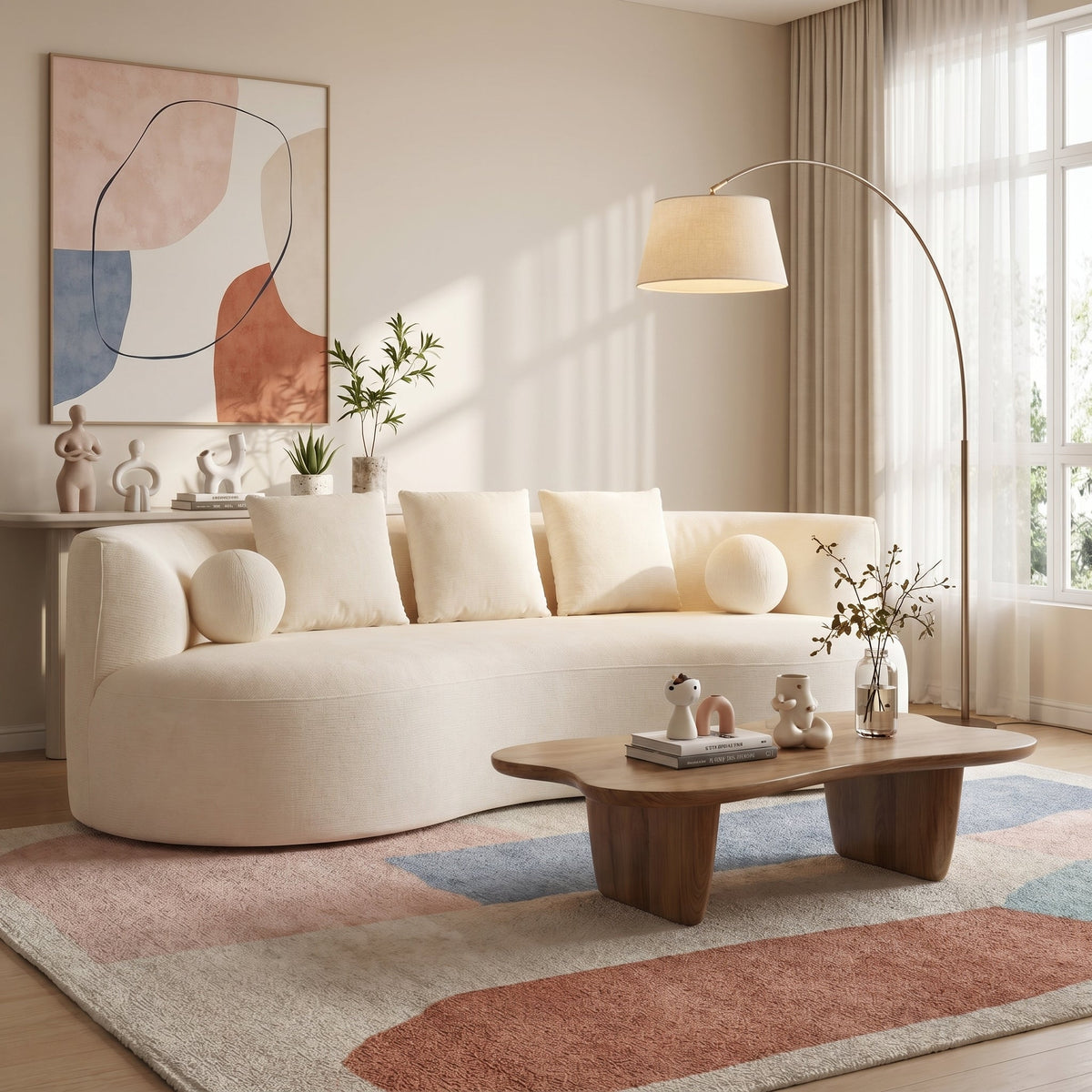 90-Inch Curved Modern Chenille Sofa with Artistic Curved Design - Orange or White, photo 2 of 10