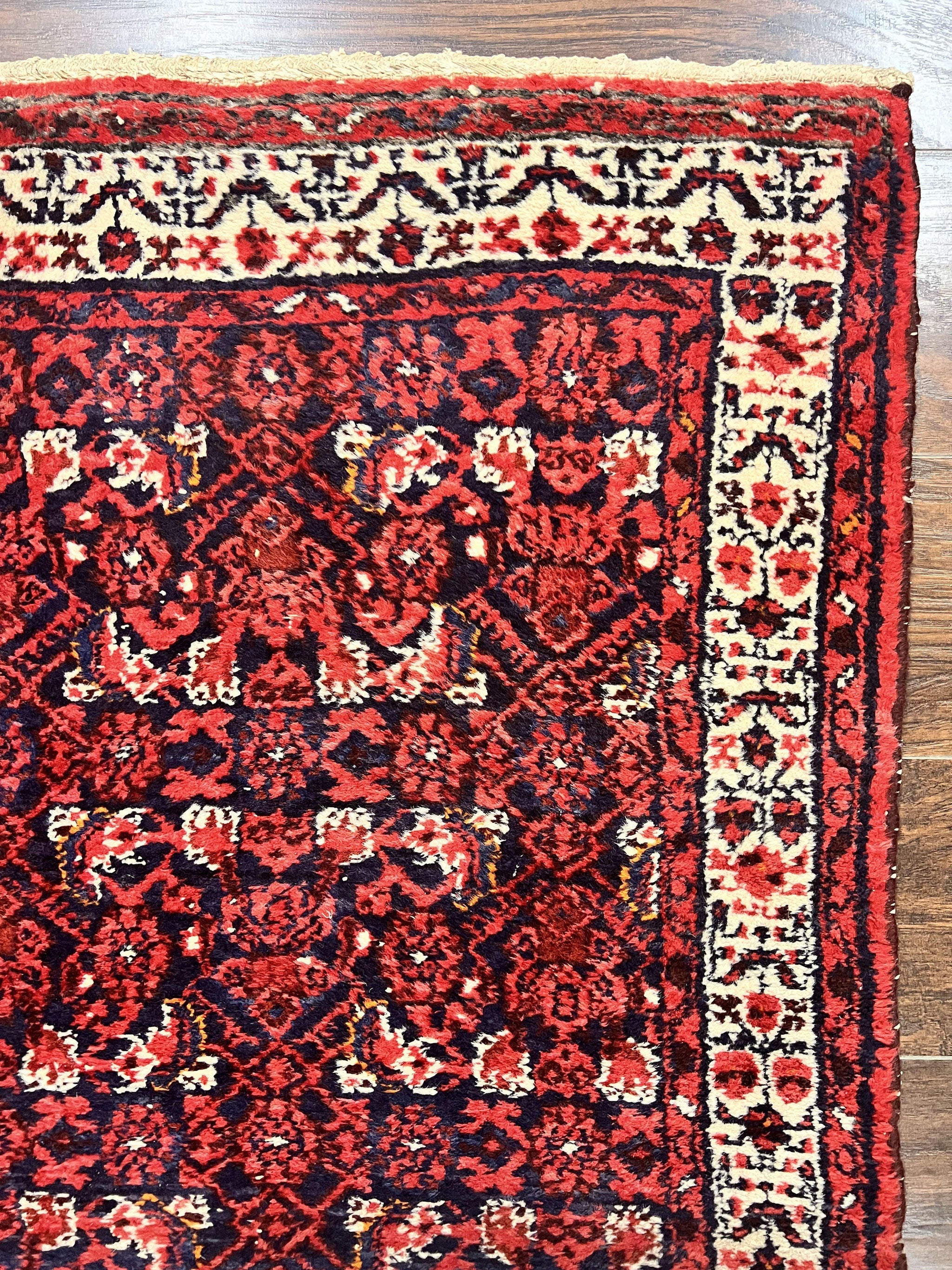 Persian Tribal Runner 3 x 9, Hamadan Dargazin Rug, Dark Blue and Red Wool Hand Knotted Hallway Rug, Vintage Antique Oriental Runner, 9ft Long Runner, Herati by Jewel Rugs