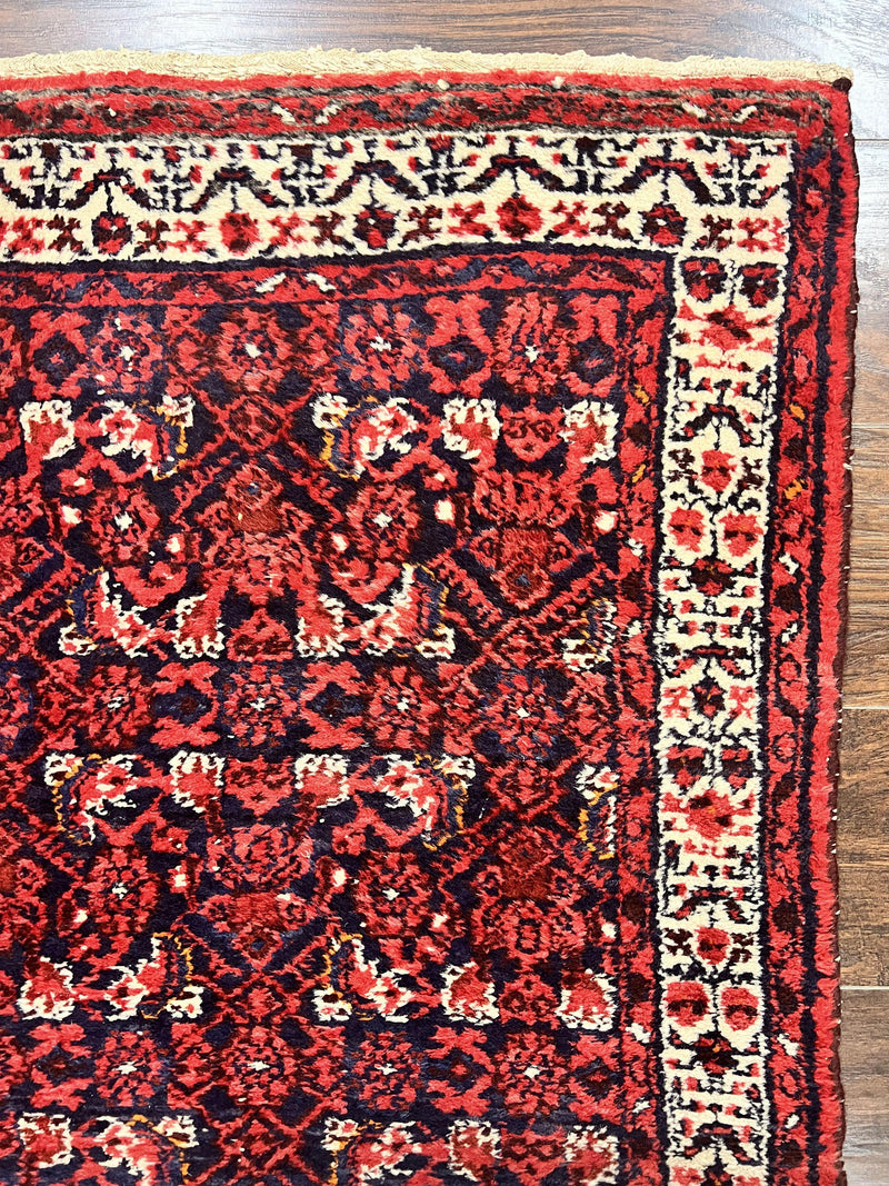 Persian Tribal Runner 3 x 9, Hamadan Dargazin Rug, Dark Blue and Red Wool Hand Knotted Hallway Rug, Vintage Antique Oriental Runner, 9ft Long Runner, Herati by Jewel Rugs