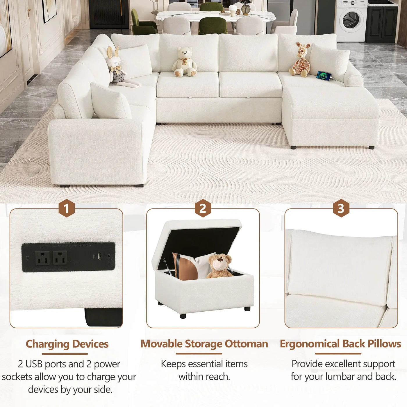 Sectional Sofa Pull-Out Sofa Bed Sleeper With A Storage Ottoman, Three Pillows And Charging Devices For Living Room by Unique Piece Furniture