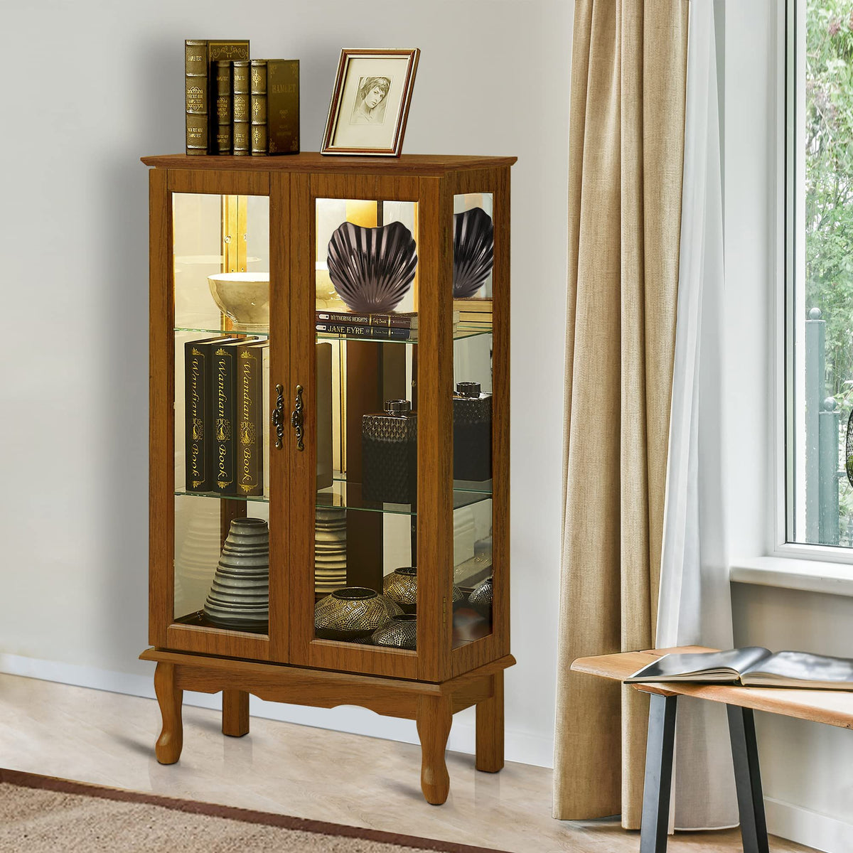 Lighted Curio Display Cabinet with Adjustable Shelves - Light Brown, Dark Brown, Dark Red, photo 23 of 40