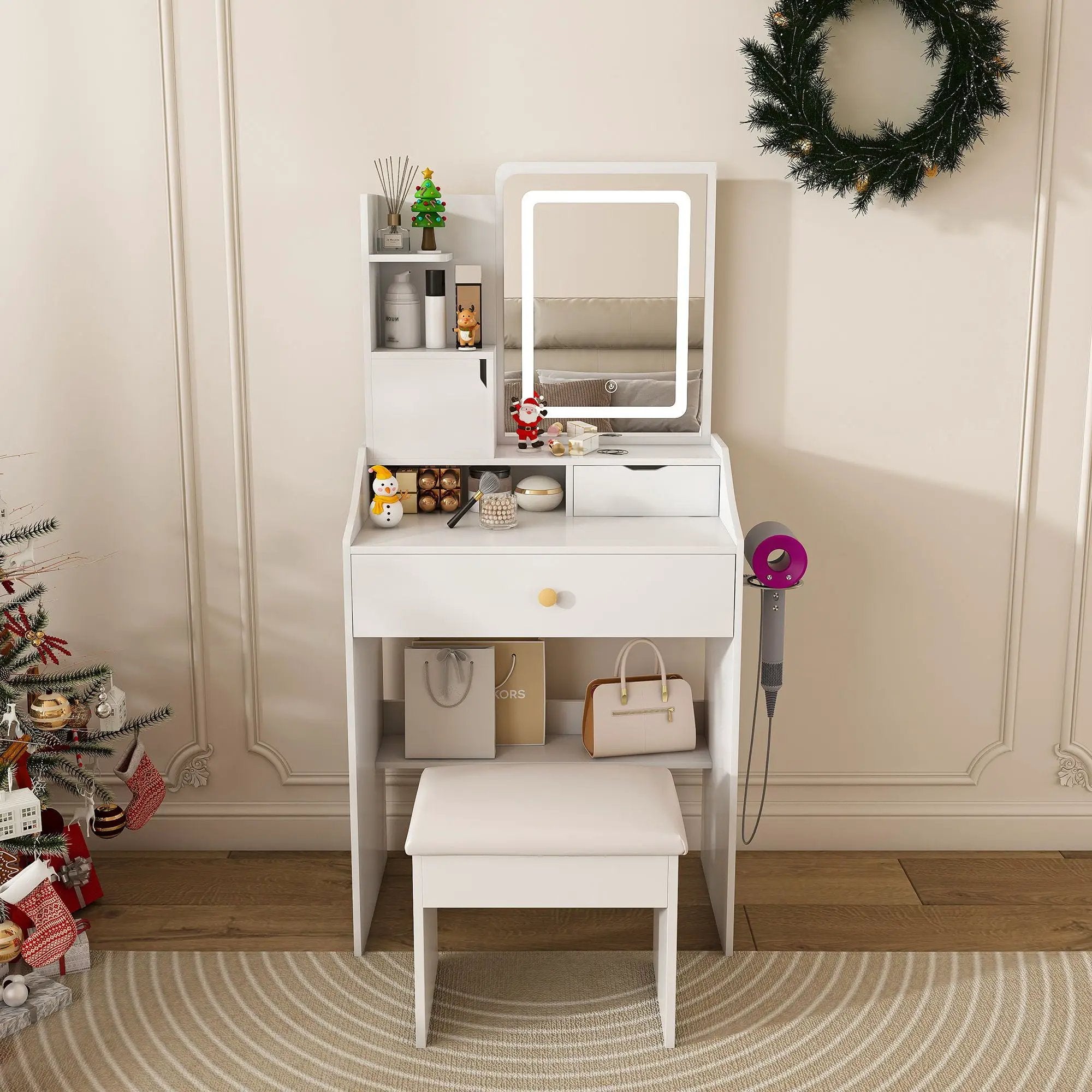 3 Color LED Vanity Mirror With Stool, Dressing Table For Bedroom, 2 Drawers & 5 Storage Cabinets (4 Open + 1 Hidden), Adjustable Lighting - White by HouseOfZazla
