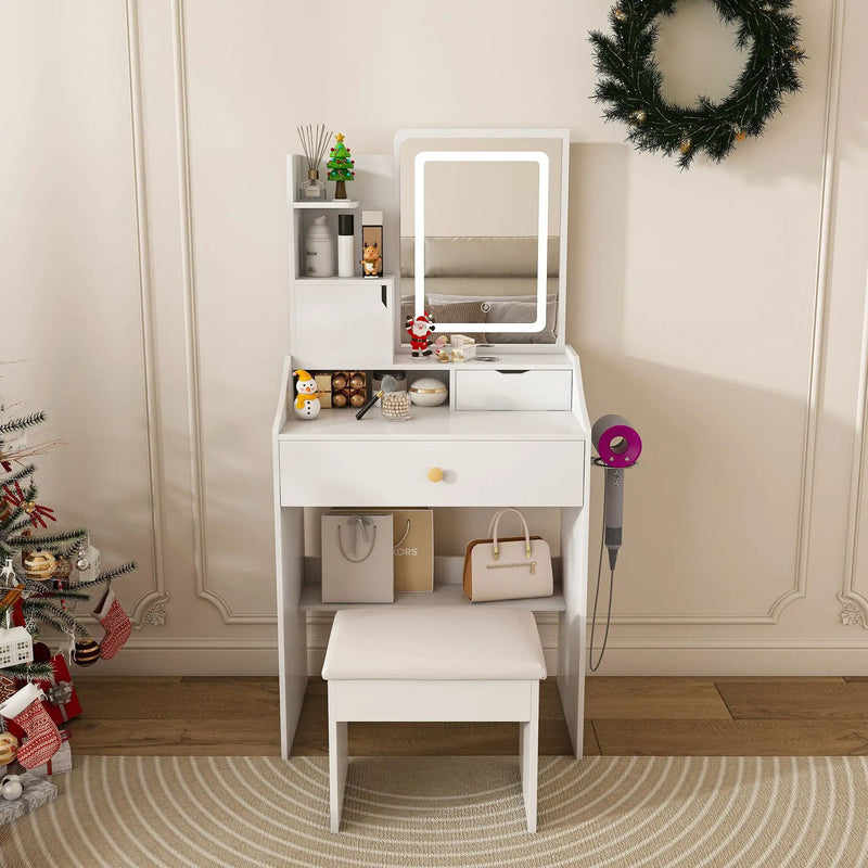 3 Color LED Vanity Mirror With Stool, Dressing Table For Bedroom, 2 Drawers & 5 Storage Cabinets (4 Open + 1 Hidden), Adjustable Lighting - White by HouseOfZazla