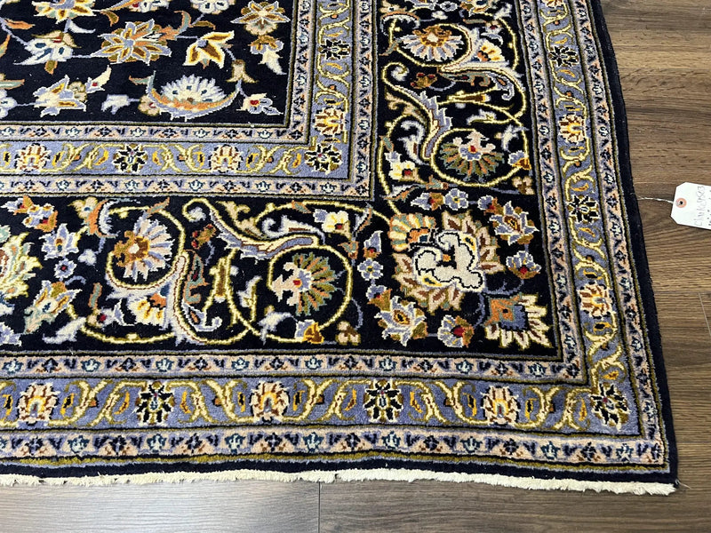 Wonderful Navy Blue Persian Kashan Rug 11x13, Allover Floral Design with Central Medallion, Wool Hand-Knotted Antique Carpet, Signed Rabani Rug by Jewel Rugs