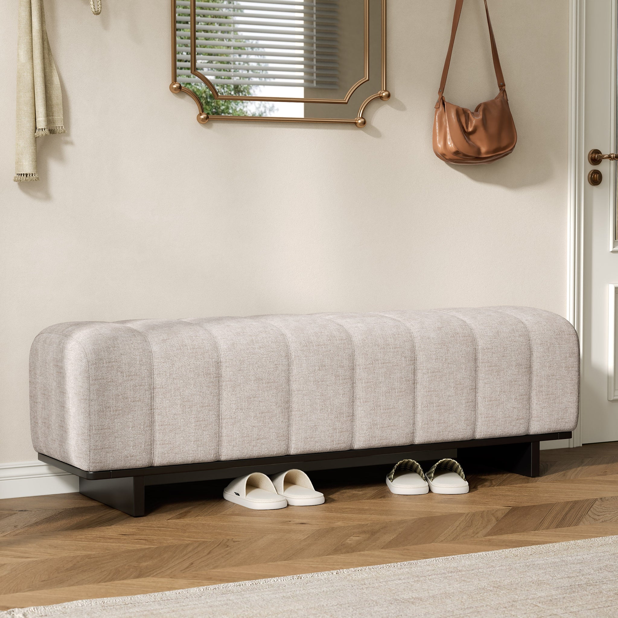 Indoor Dining Bench in Oatmeal Chenille Fabric with Rubber Wood Legs by HouseOfZazla