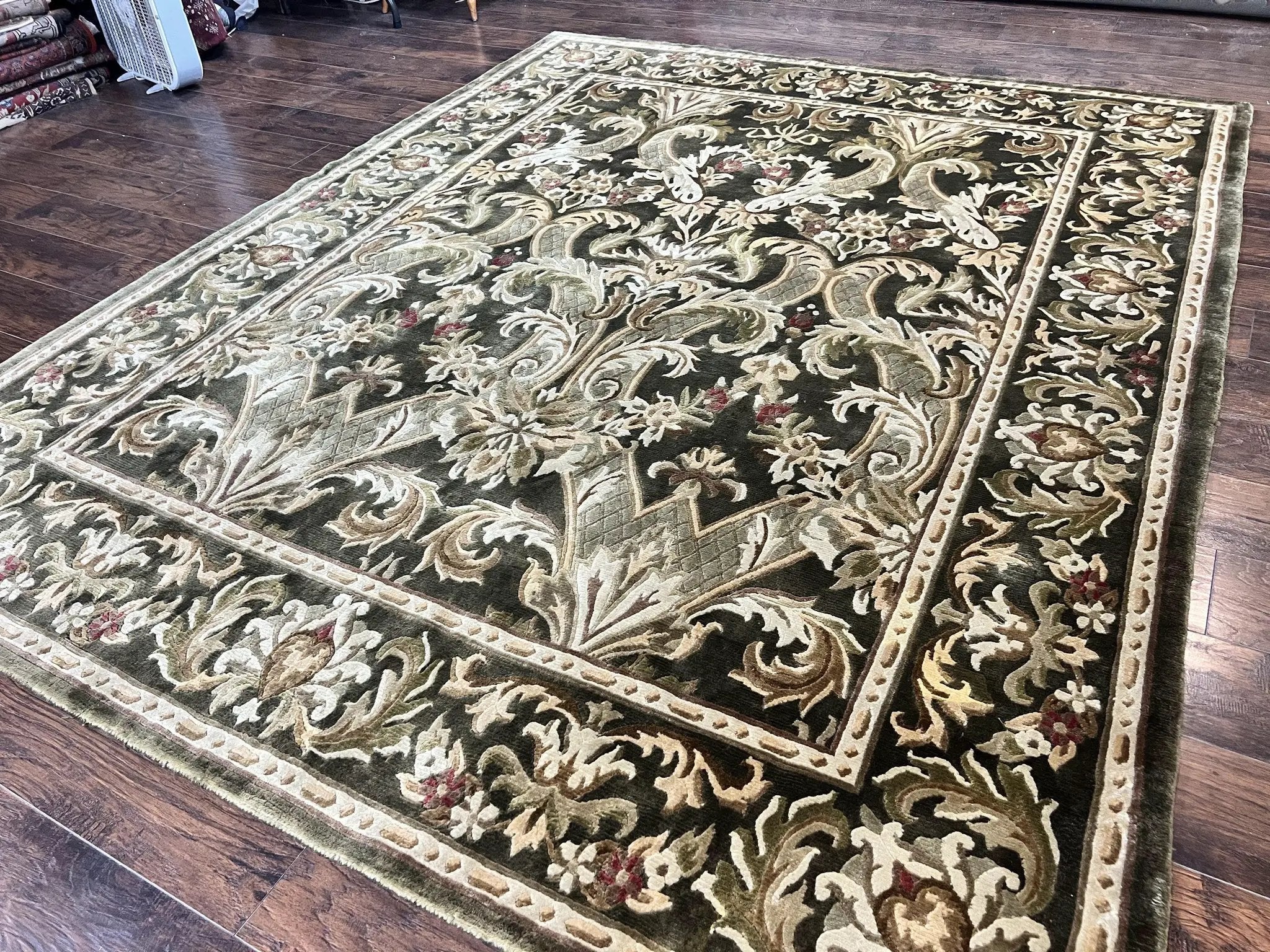 Tibetan Rug 8x10, European Design, Floral, Green, Handmade, Wool, Nepali Rug by Jewel Rugs