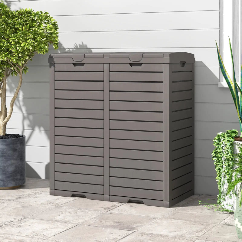 62 Gallon Outdoor Trash Can Waterproof Double Bin with Tiered Lid and Drip Tray-Coffee by DirectDeals