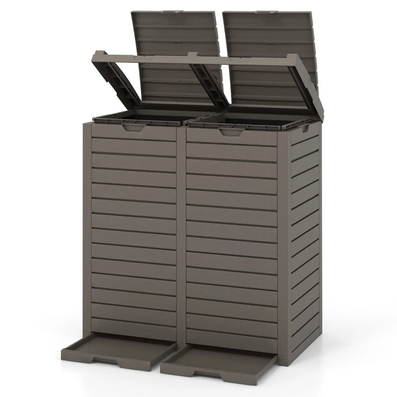 62 Gallon Outdoor Trash Can Waterproof Double Bin with Tiered Lid and Drip Tray-Coffee by DirectDeals