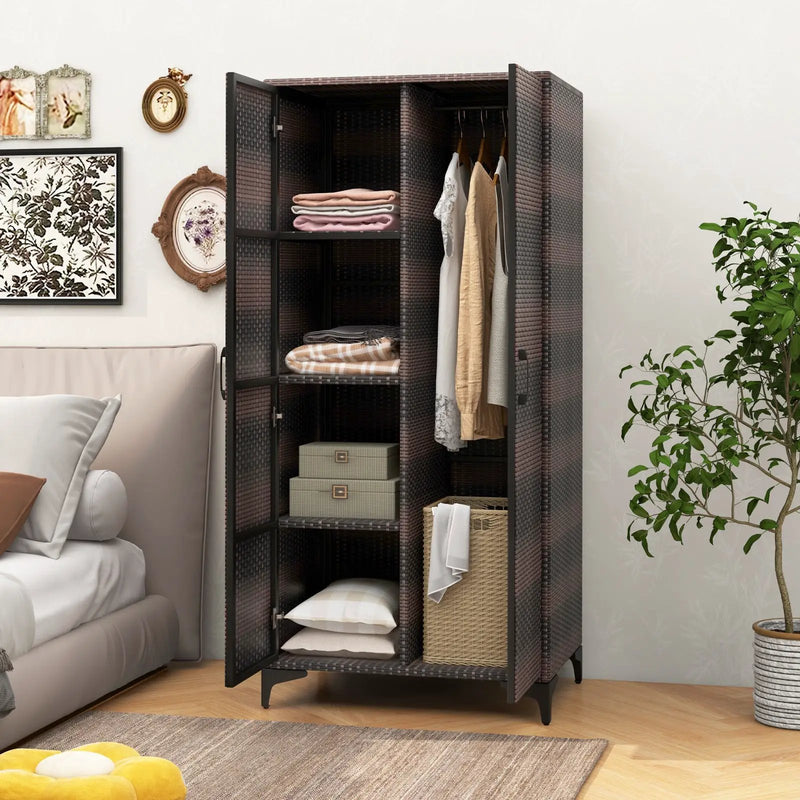 62 Inch Wicker Wardrobe with 2 Doors PE Rattan Closet with Hanging Rod by DirectDeals