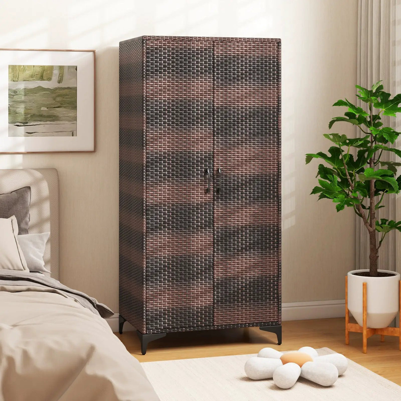 62 Inch Wicker Wardrobe with 2 Doors PE Rattan Closet with Hanging Rod by DirectDeals
