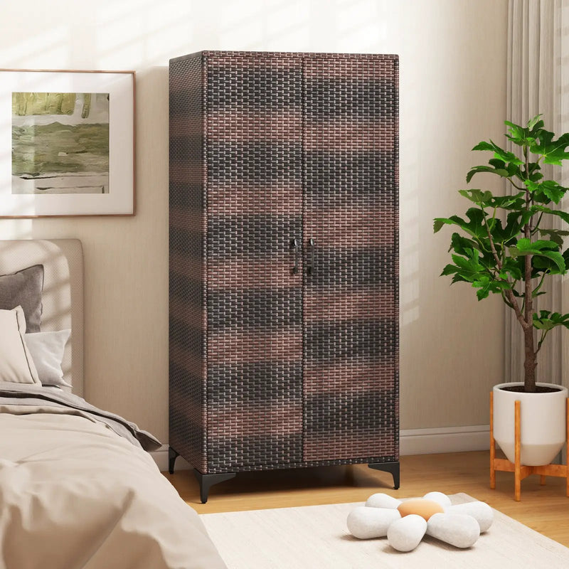 62 Inch Wicker Wardrobe with 2 Doors PE Rattan Closet with Hanging Rod by DirectDeals