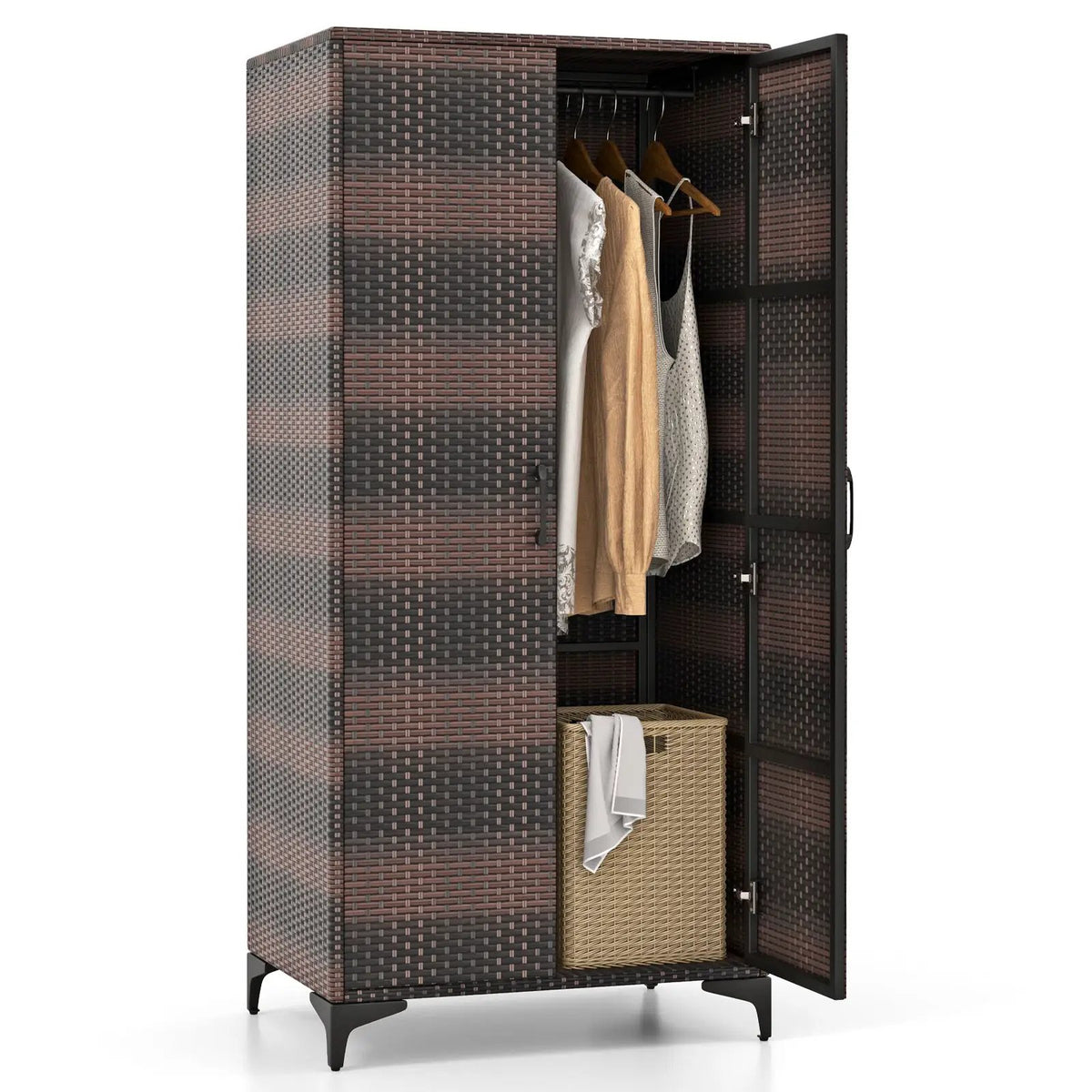 62 Inch Wicker Wardrobe with 2 Doors PE Rattan Closet with Hanging Rod by DirectDeals