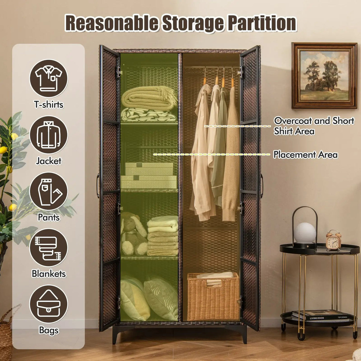 62 Inch Wicker Wardrobe with 2 Doors PE Rattan Closet with Hanging Rod by DirectDeals