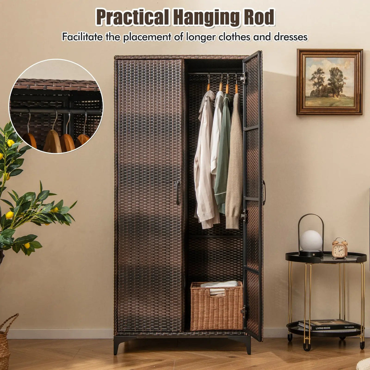 62 Inch Wicker Wardrobe with 2 Doors PE Rattan Closet with Hanging Rod by DirectDeals