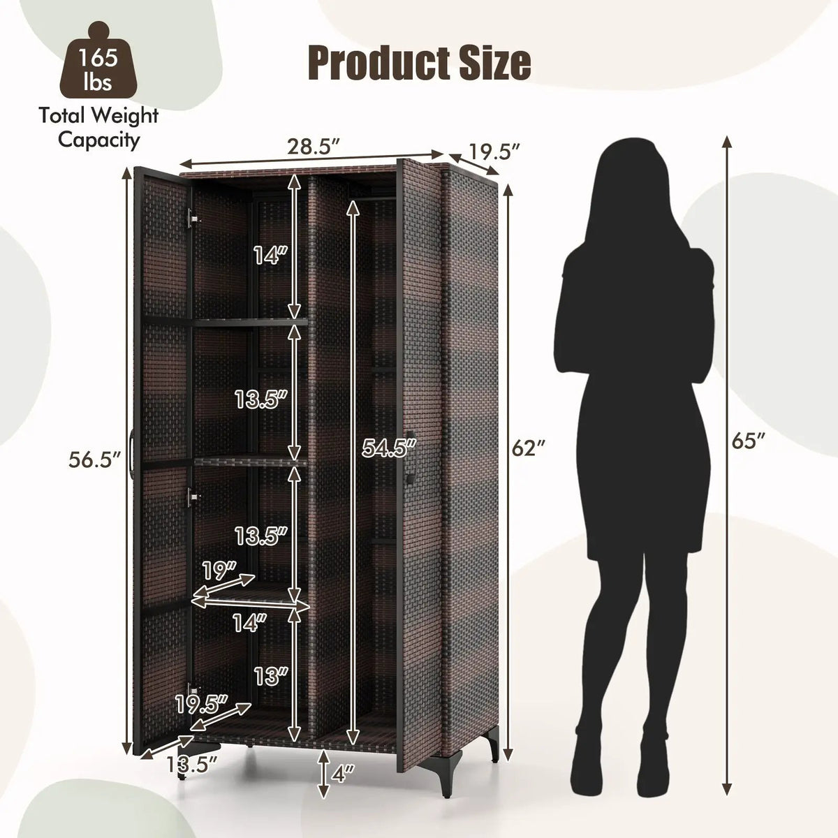 62 Inch Wicker Wardrobe with 2 Doors PE Rattan Closet with Hanging Rod by DirectDeals