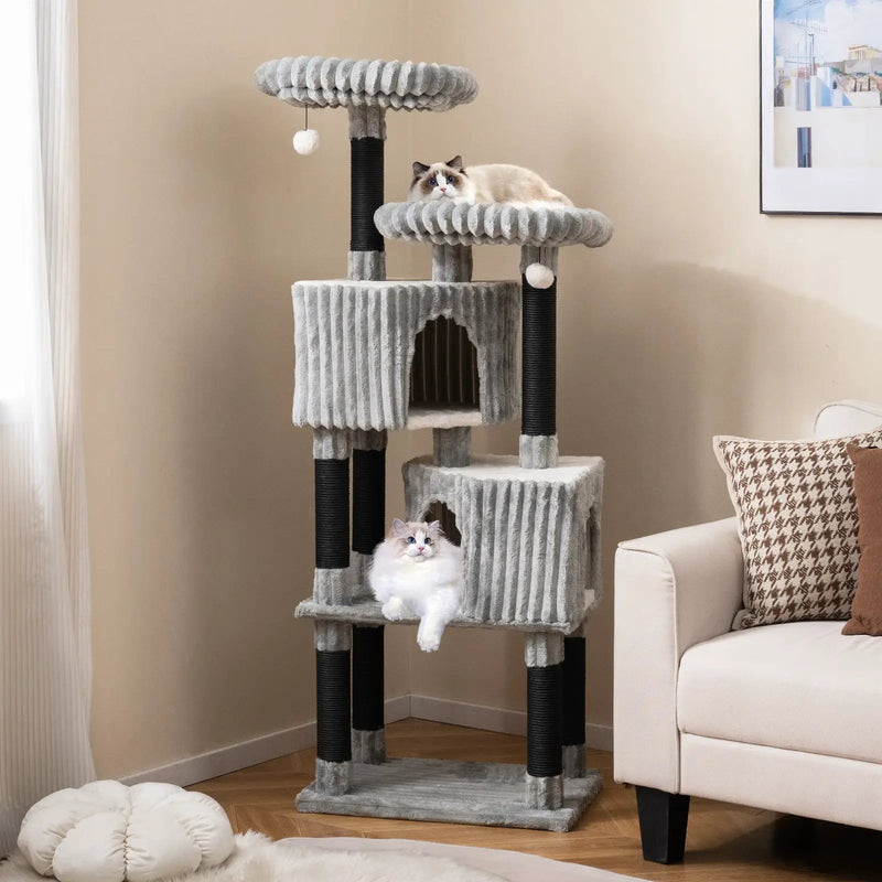 62 Inch Tall Cat Tower with Scratching Posts and Soft Flannel Covering-Light Gray by DirectDeals