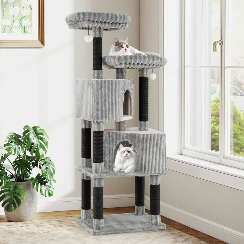 62 Inch Tall Cat Tower with Scratching Posts and Soft Flannel Covering-Light Gray by DirectDeals