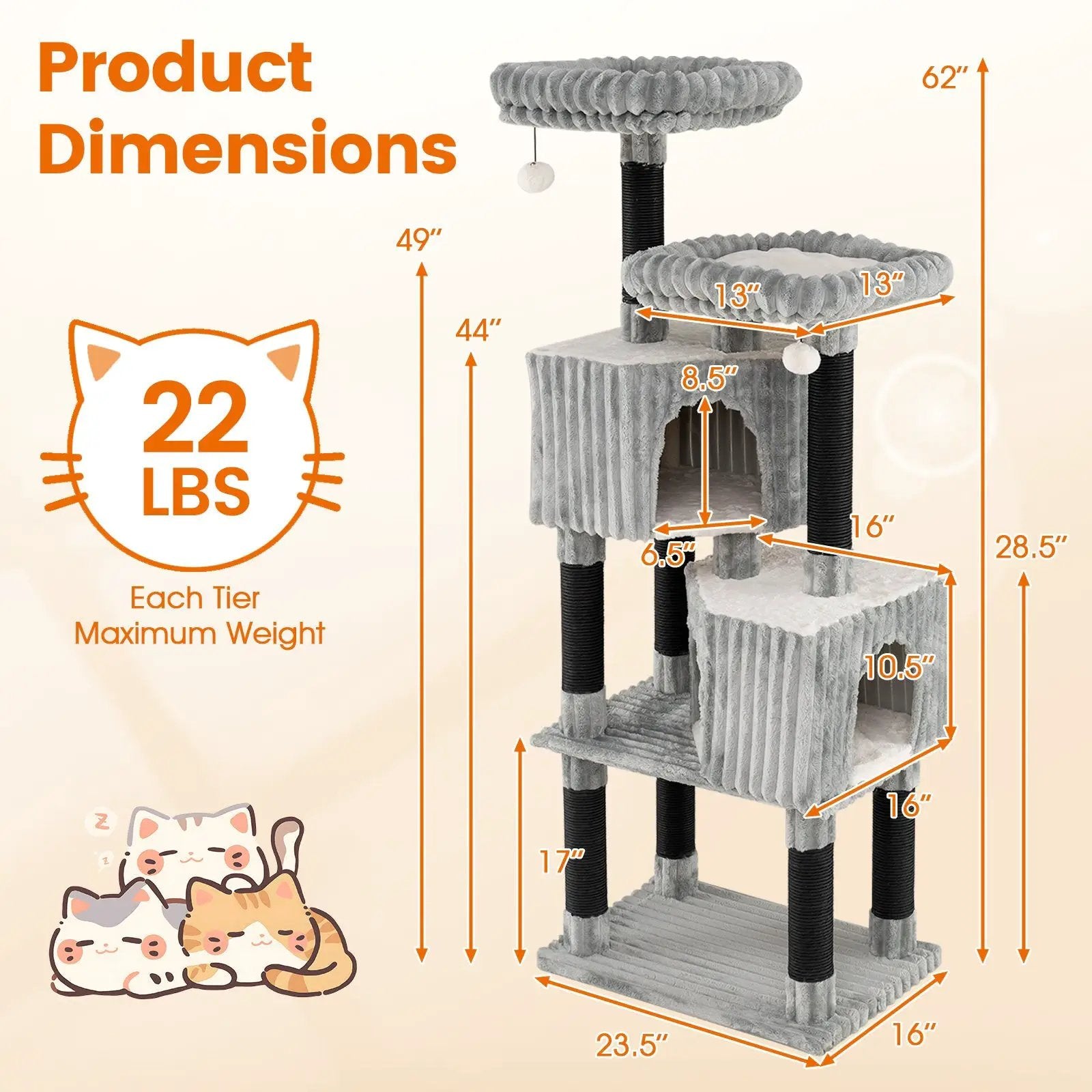 62 Inch Tall Cat Tower with Scratching Posts and Soft Flannel Covering-Light Gray by DirectDeals