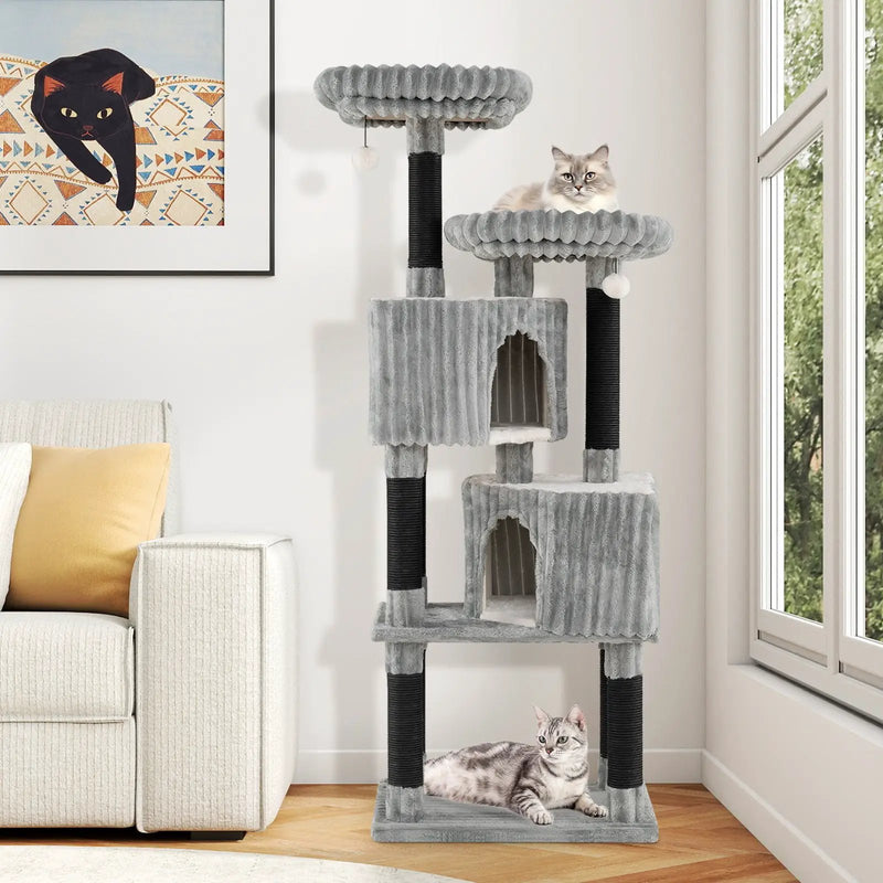 62 Inch Tall Cat Tower with Scratching Posts and Soft Flannel Covering-Light Gray by DirectDeals