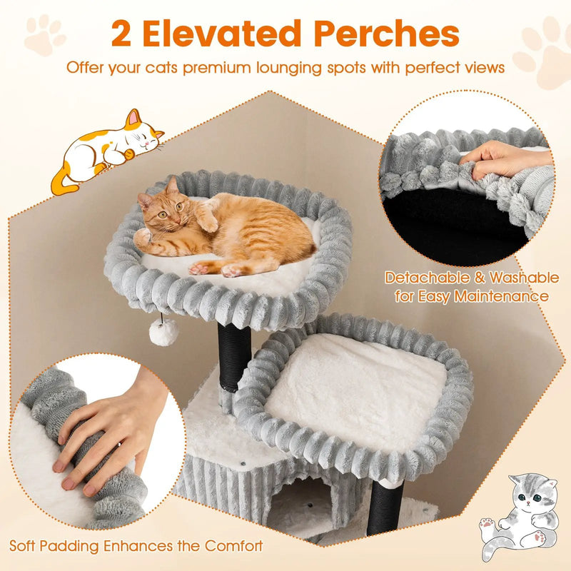 62 Inch Tall Cat Tower with Scratching Posts and Soft Flannel Covering-Light Gray by DirectDeals
