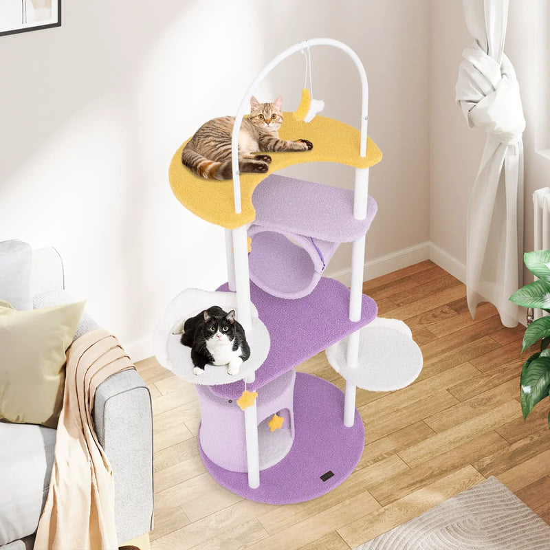 62 Inches Large Cat Tower with Metal Frame and Jumping Platforms-Purple by DirectDeals