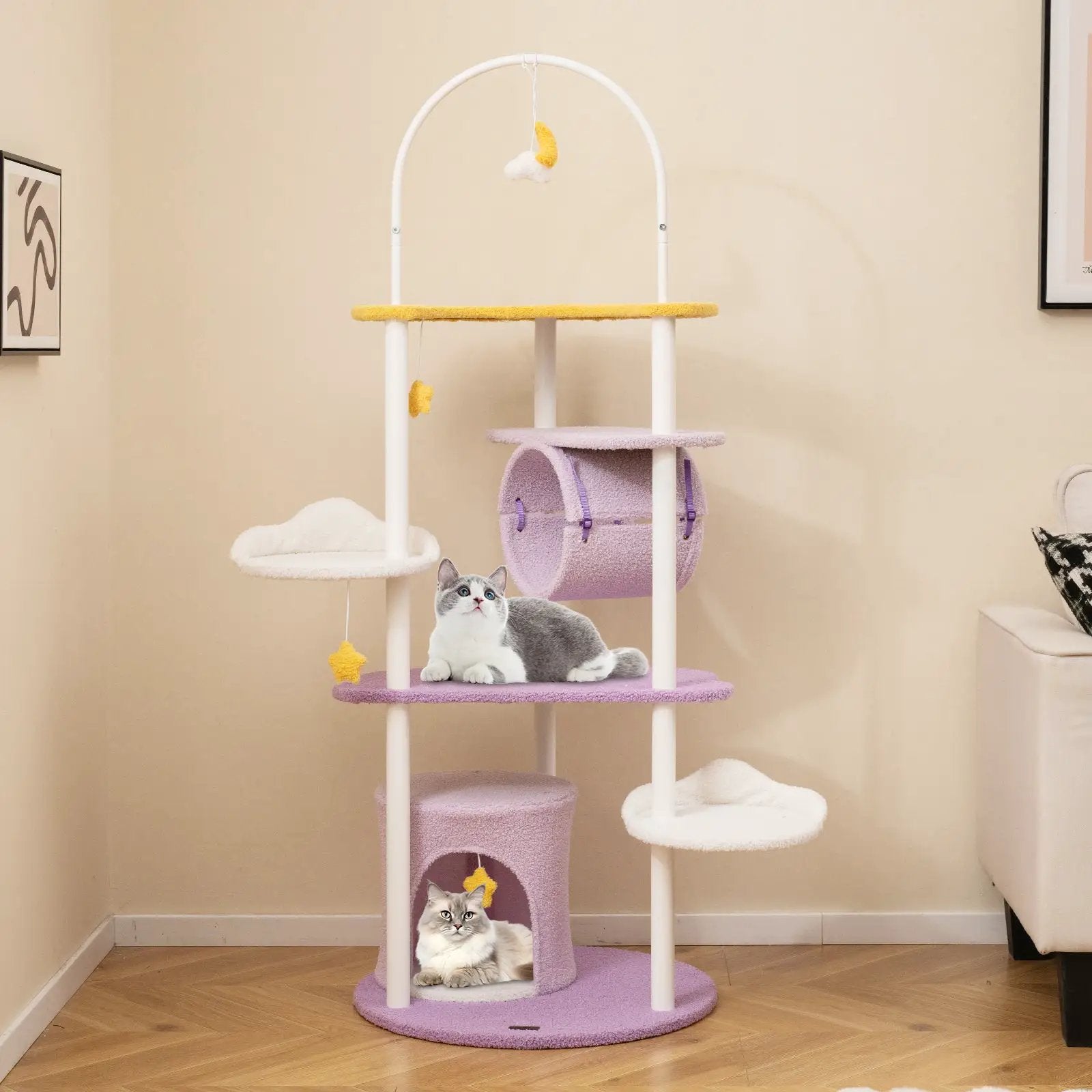 62 Inches Large Cat Tower with Metal Frame and Jumping Platforms-Purple by DirectDeals