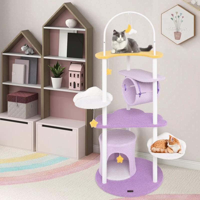 62 Inches Large Cat Tower with Metal Frame and Jumping Platforms-Purple by DirectDeals